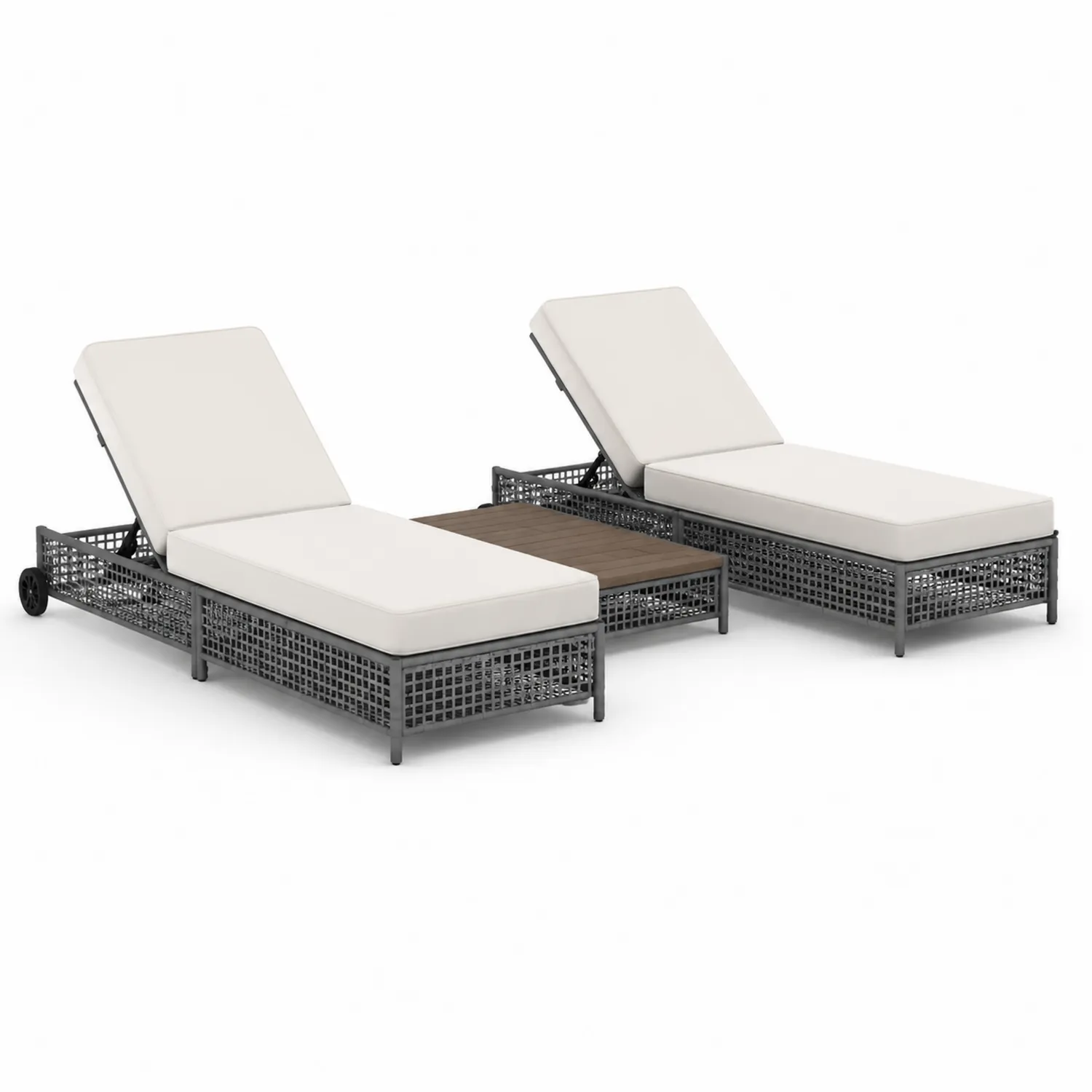 Set Chaise Longue da Esterno in Alluminio e Rattan Sintetico con Tavolino, Crema