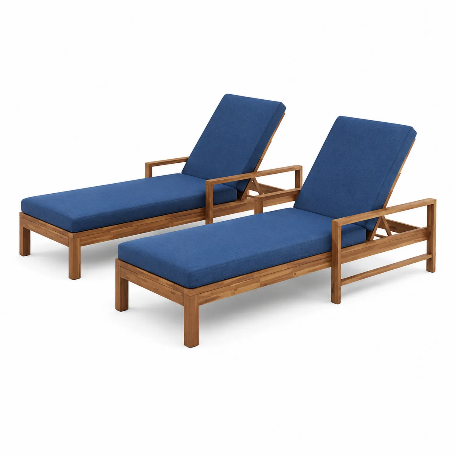 Set di 2 Lettini Prendisole in Legno di Acacia con Cuscini Blu