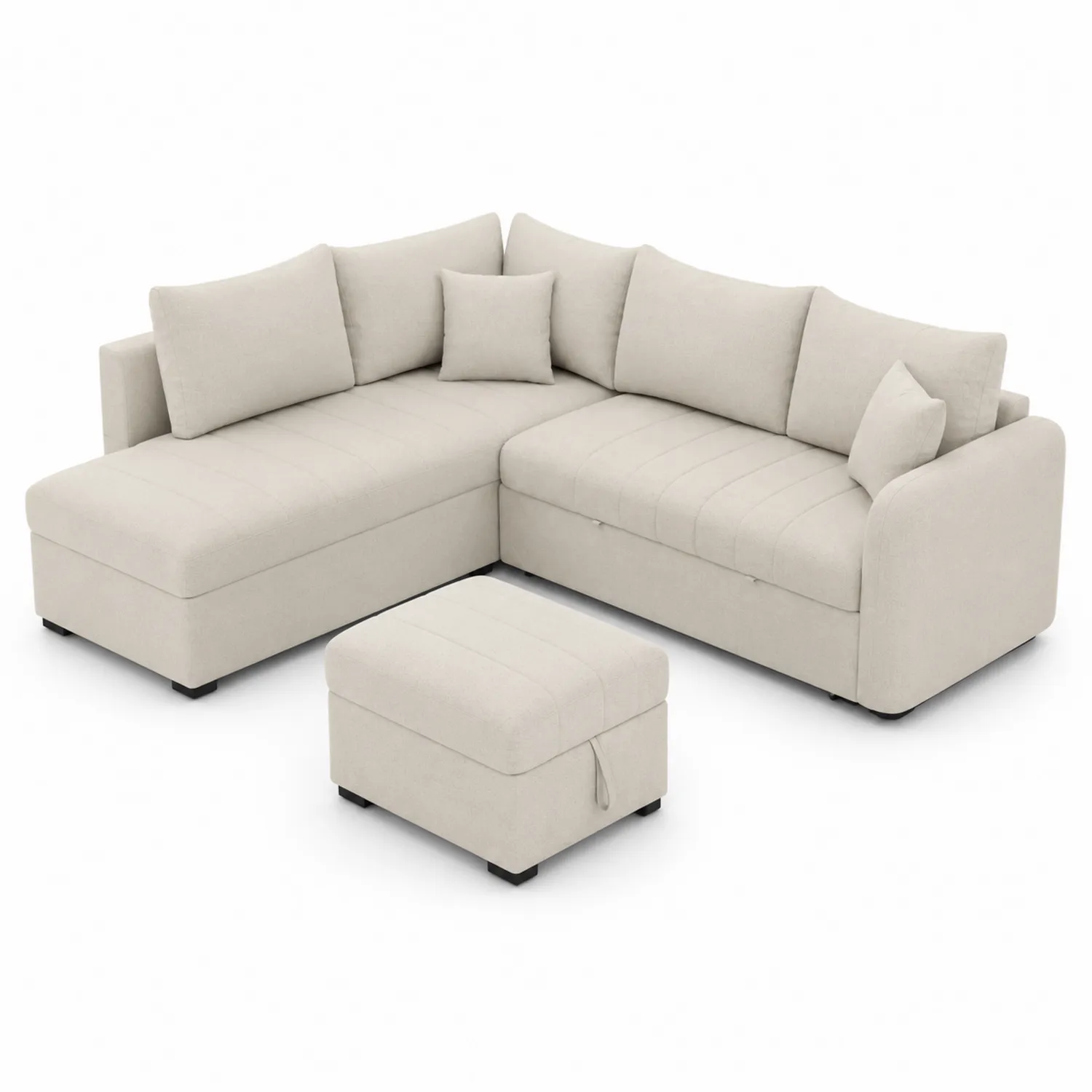 Divano angolare con penisola e pouf in tessuto Beige