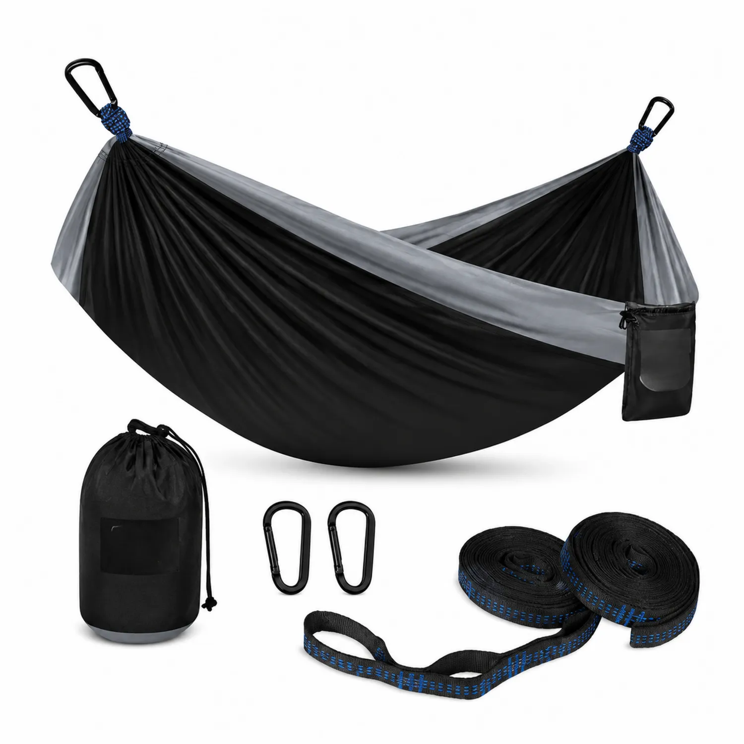 Amaca in Nylon Nero e Grigio con Moschettoni e Cinghie