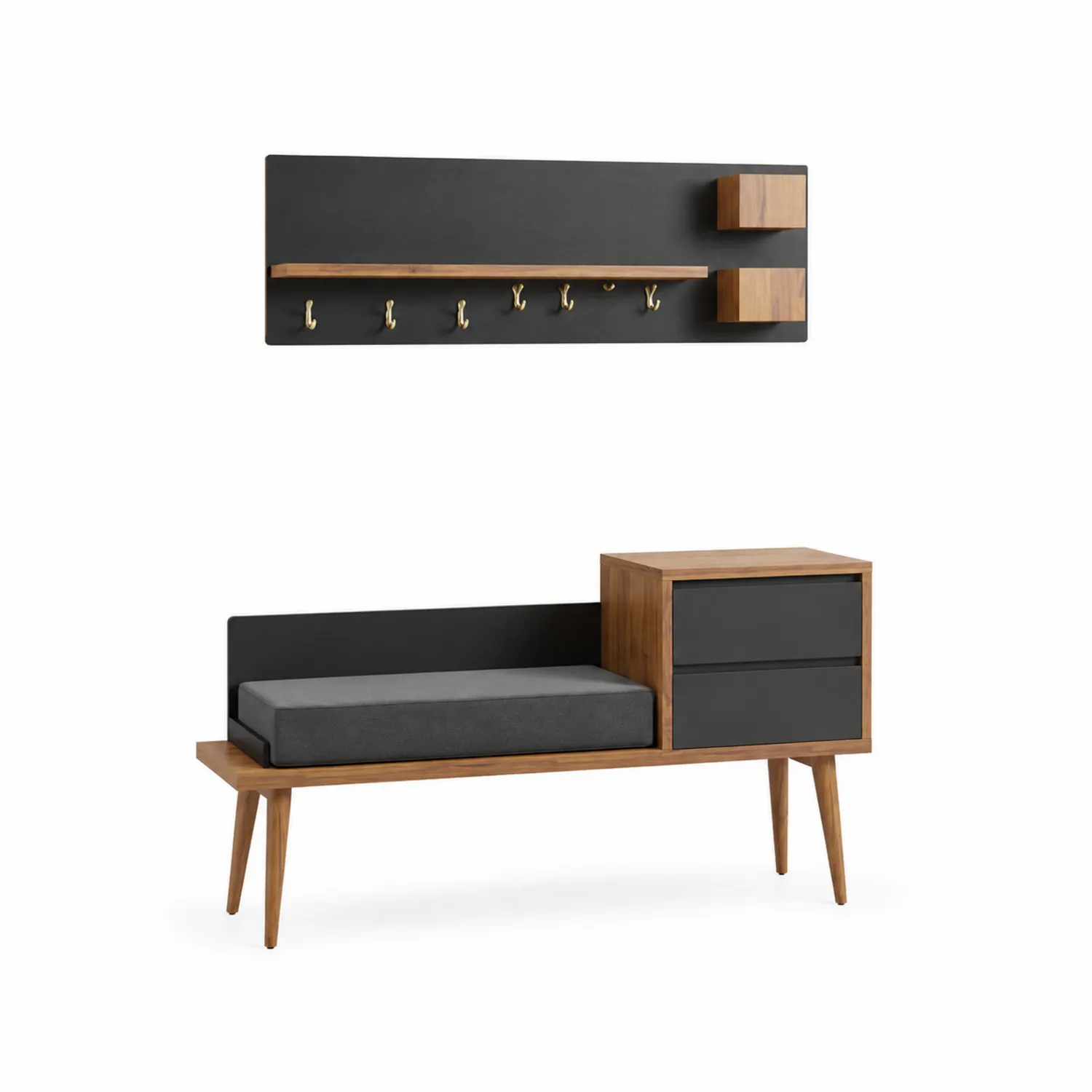 Set appendiabiti in legno e metallo con panca e cuscino in poliestere grigio