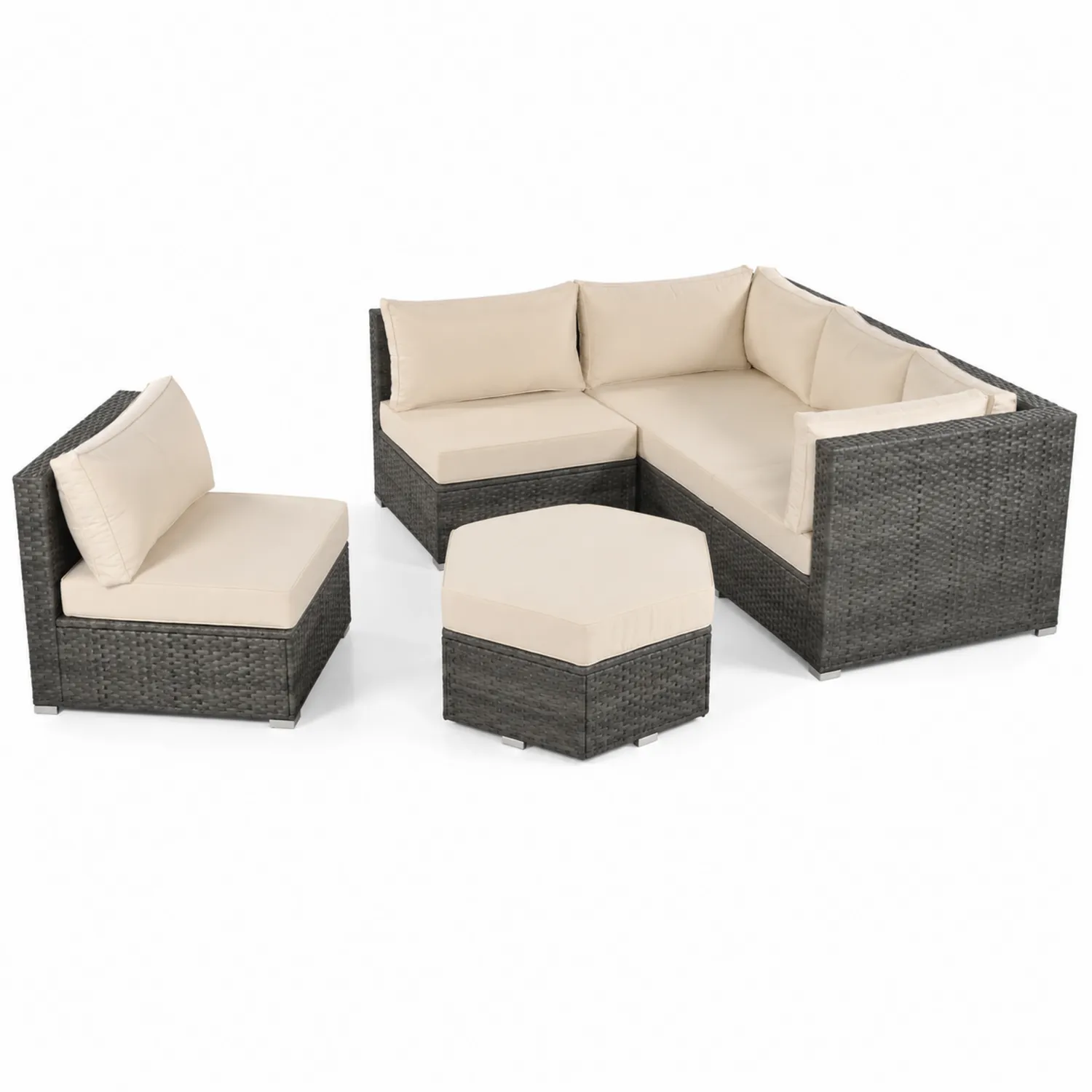 Set Divani in Rattan Sintetico Grigio con Cuscini in Poliestere Beige