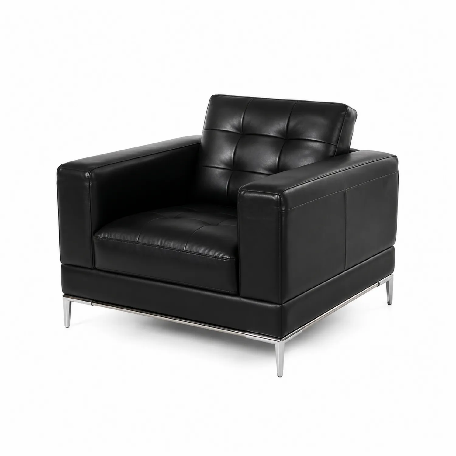 Poltrona in Pelle Nera con Piedini in Metallo