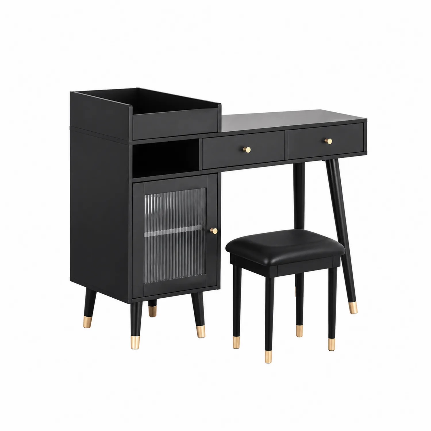 Toletta con Sgabello in Legno e Vetro Nero, 110x40x130 cm