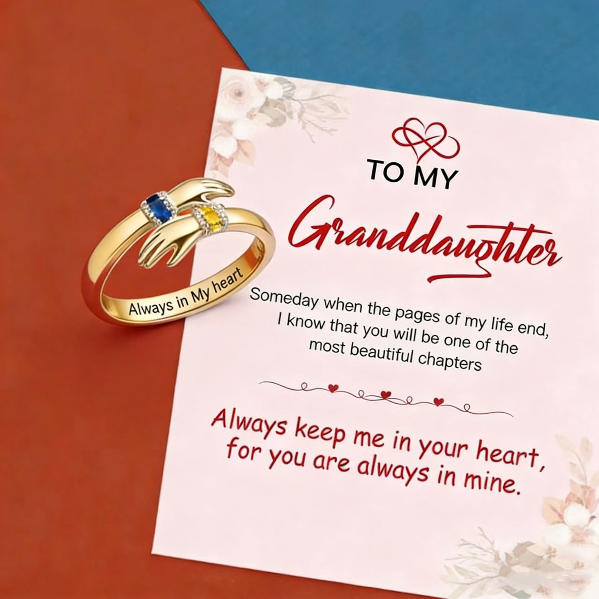 FOR GRANDDAUGHTER - ALWAYS KEEP ME IN YOUR HEART CUSTOM BIRTHSTONE HUG ADJUSTABLE RING