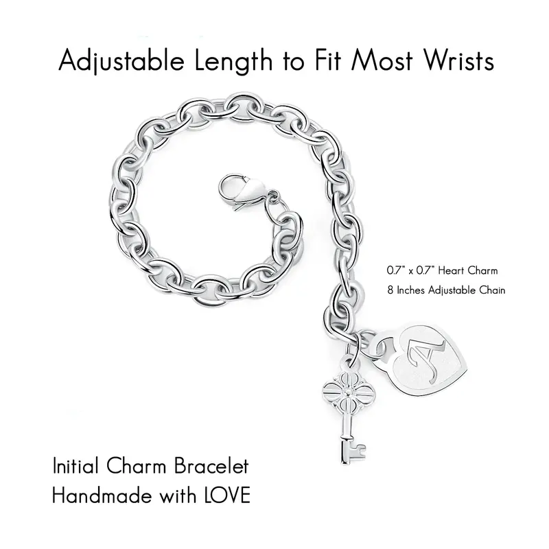 Personalized Initial Heart & Key Charm Bracelet 