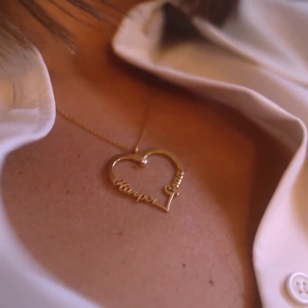 Custom Engraved Heart Pendant Gold Name Necklace •2 Names