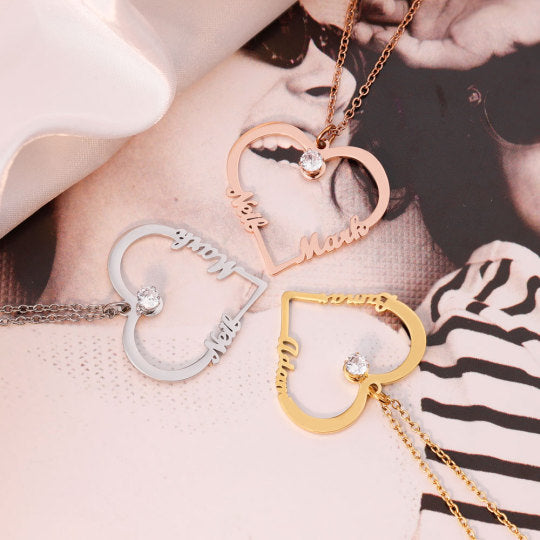 Custom Engraved Heart Pendant Gold Name Necklace •2 Names