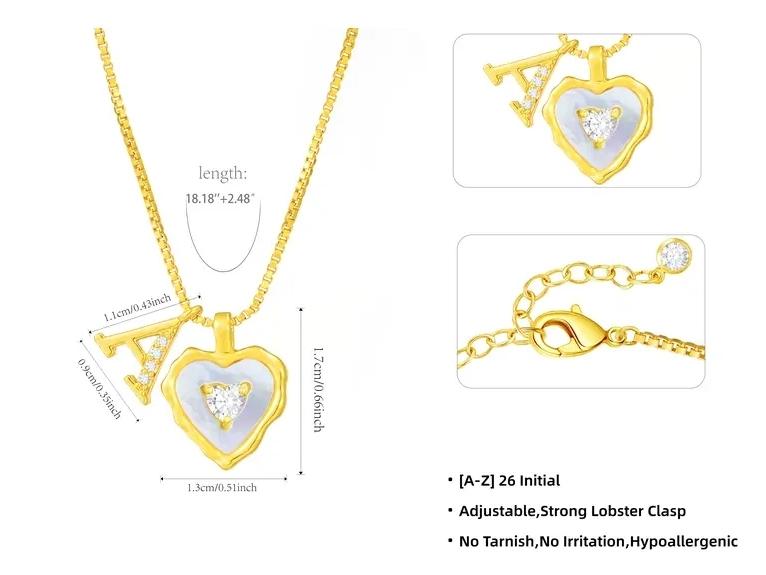 Tewiky Gold Box Chain Scalloped Shell Heart CZ Initial Necklace A–Z Micro Pave Letter Pendant For Valentine's Day gifts Tewiky Gold Box Chain Scalloped Shell Heart CZ Initial Necklace A–Z Micro Pave Letter Pendant For Valentine's Day gifts
