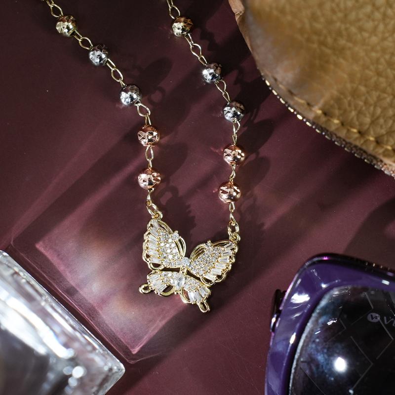 14K Gold Plated Butterfly Pendant Necklace for Women, Tri-Color Bead Rhinestone Necklace for Daily Party, Trendy Jewelry Gift