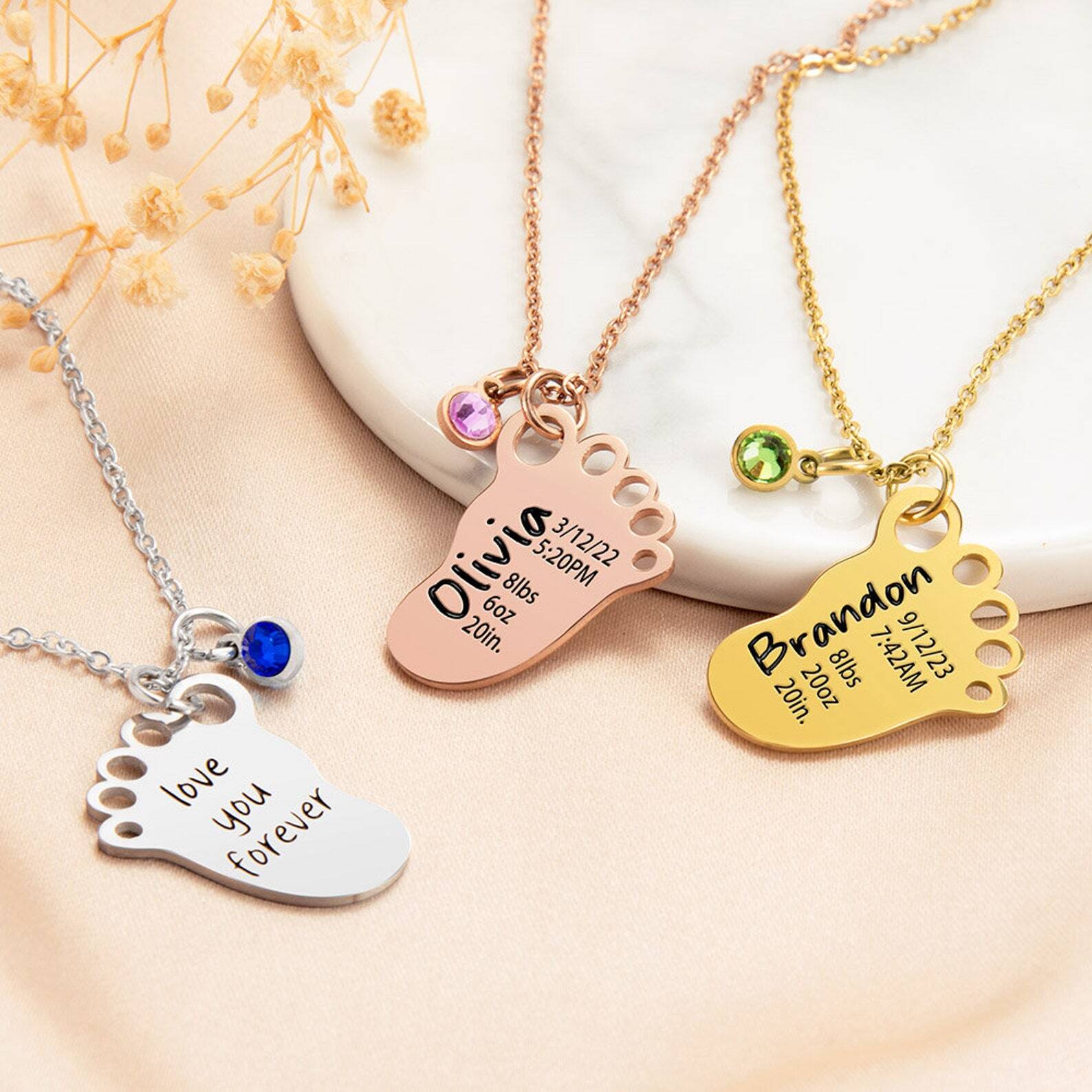 Personalized Engraved Baby Foot Pendant Necklace