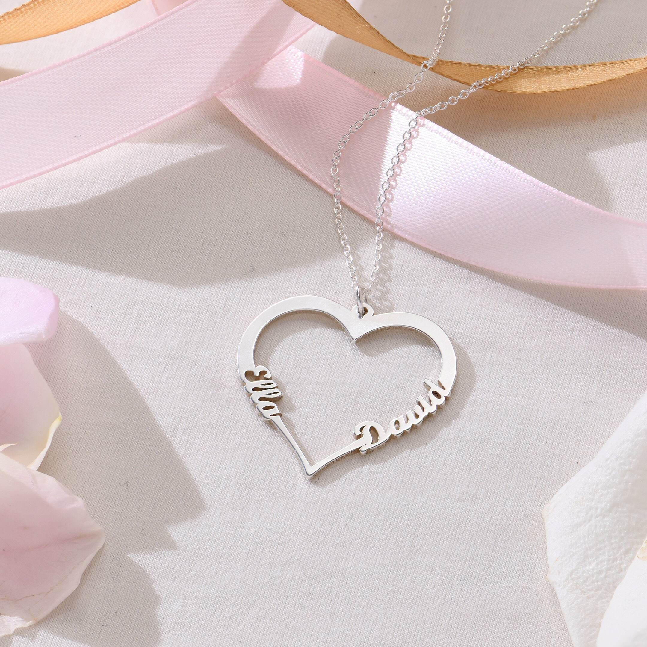Custom Engraved Heart Pendant Gold Name Necklace •2 Names