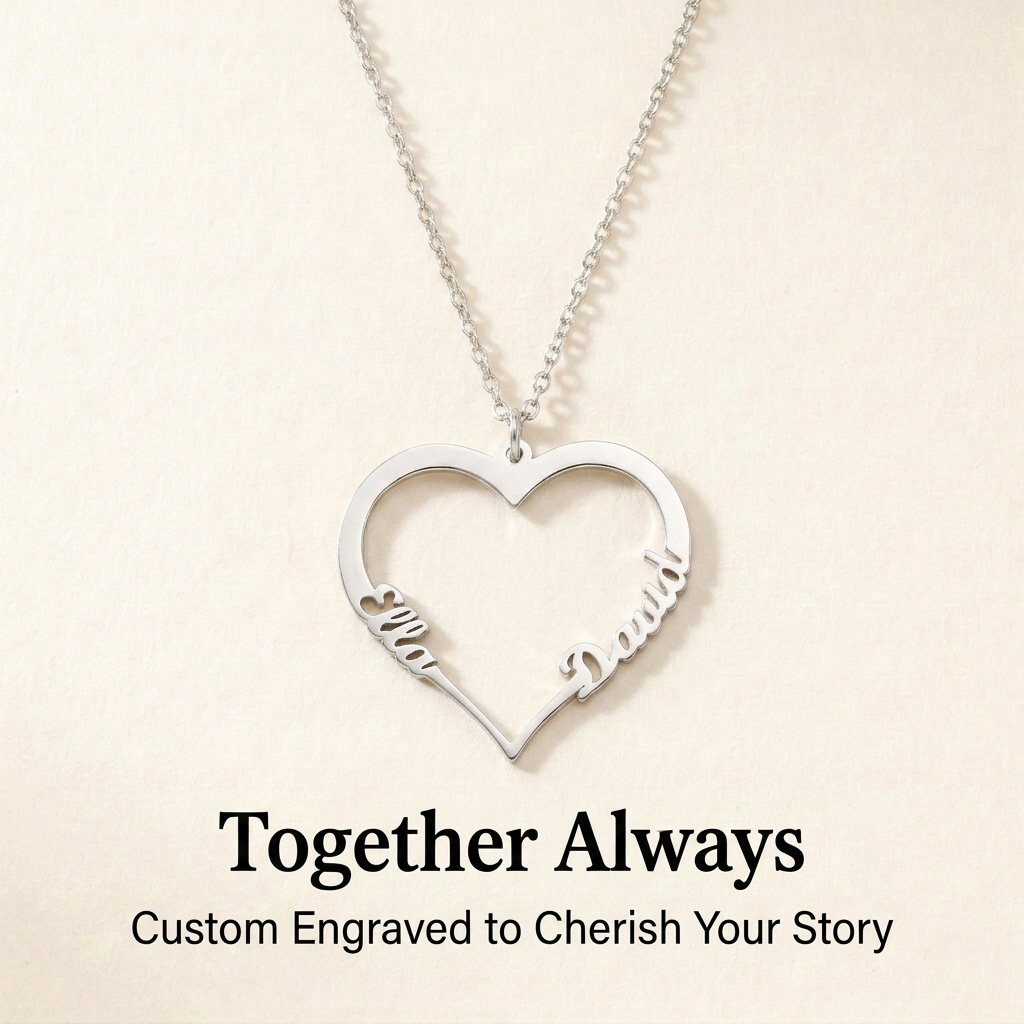 Custom Engraved Heart Pendant Gold Name Necklace •2 Names