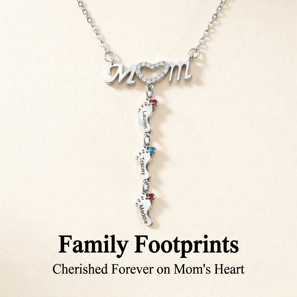 Mother's Necklace With Small Custom Name & Birthstone Baby Foot Charms