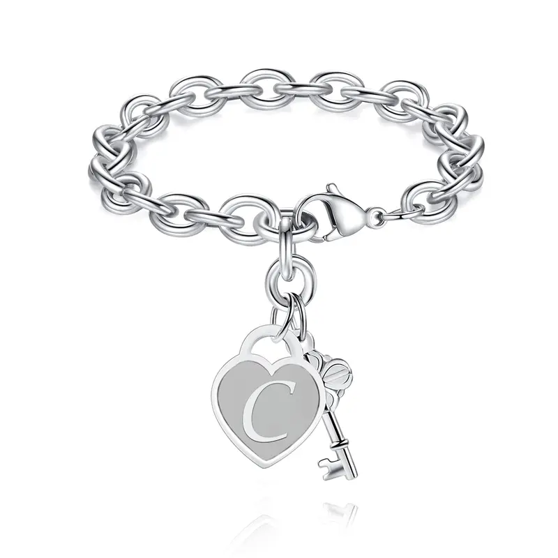 Personalized Initial Heart & Key Charm Bracelet 