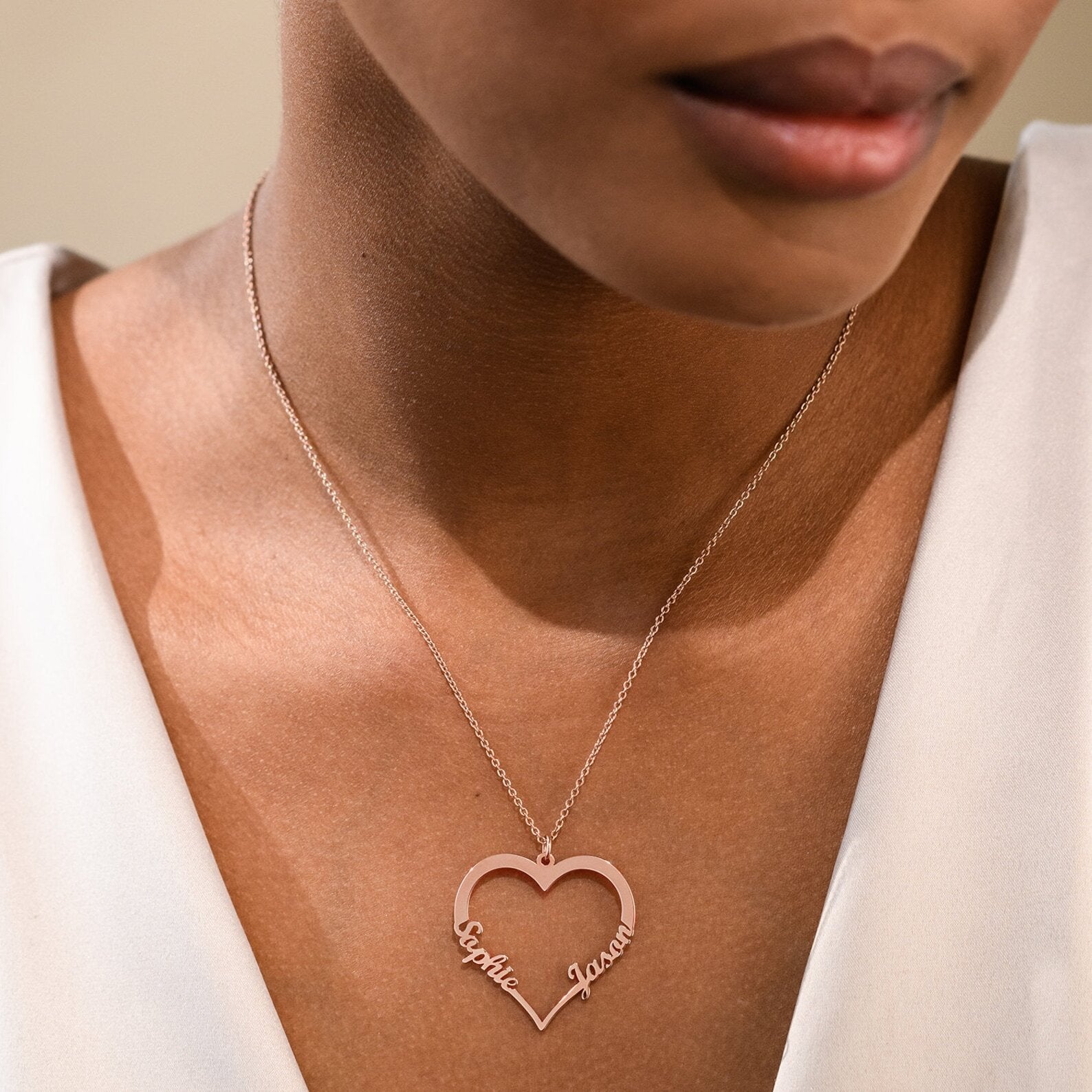 Custom Engraved Heart Pendant Gold Name Necklace •2 Names