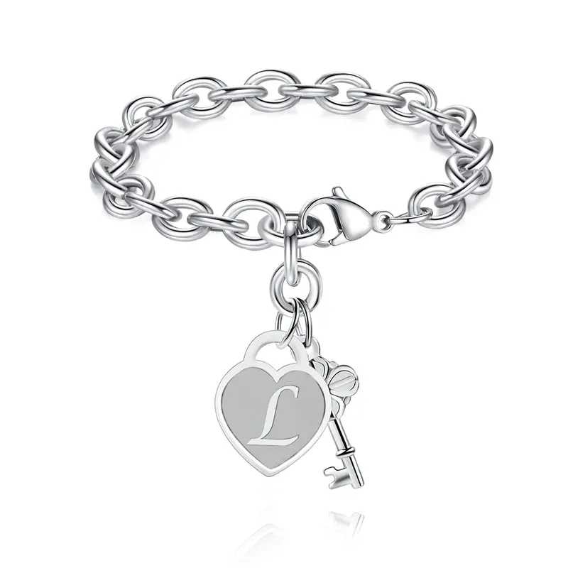 Personalized Initial Heart & Key Charm Bracelet 