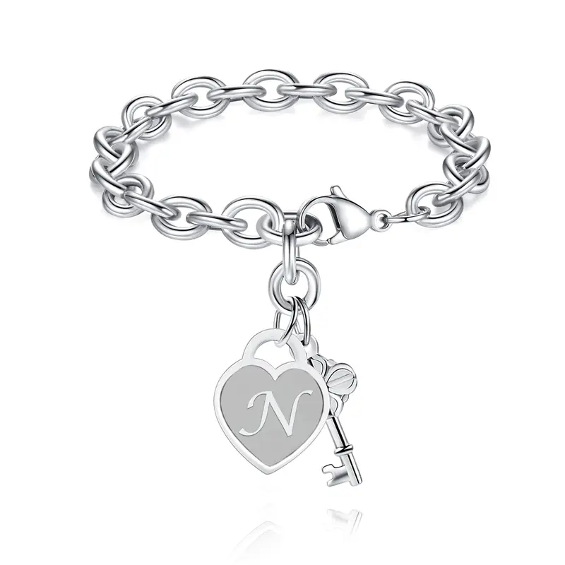 Personalized Initial Heart & Key Charm Bracelet 