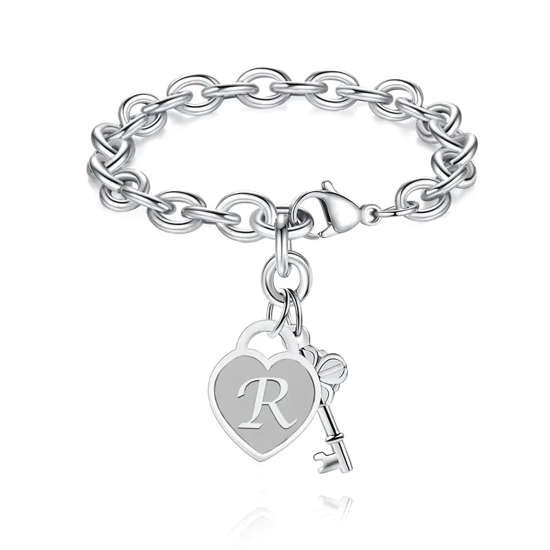 Personalized Initial Heart & Key Charm Bracelet 