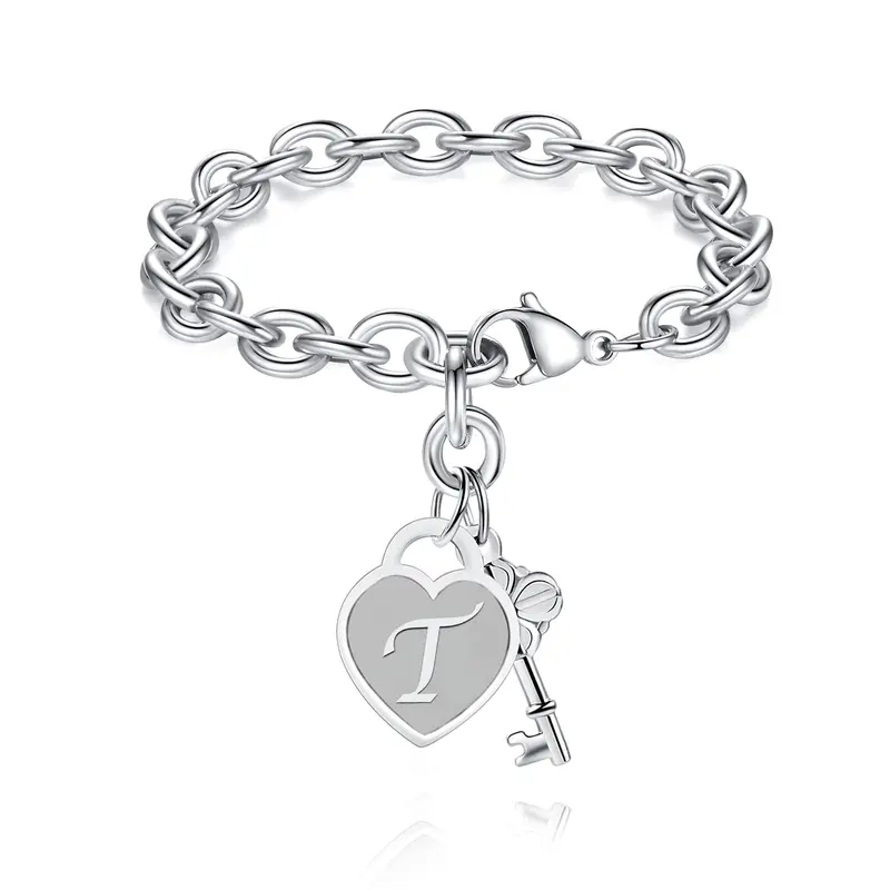 Personalized Initial Heart & Key Charm Bracelet 