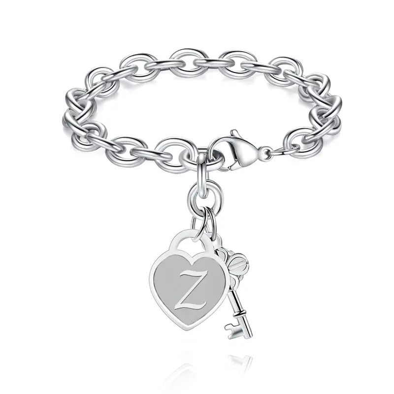 Personalized Initial Heart & Key Charm Bracelet 