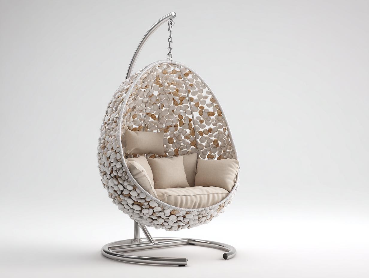 Sillones colgantes de ratán sintético 105x105x195 cm - color beige-blanco - soporte metálico - diseño moderno para jardín-Naluxhanest