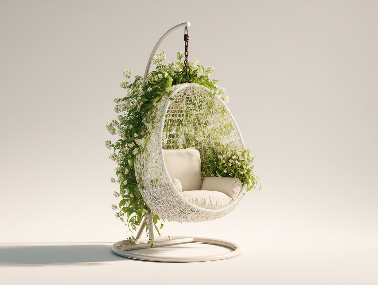 Sillones colgantes de ratán sintético 105x105x195 cm - blanco-beige - con soporte - diseño moderno-Naluxhanest