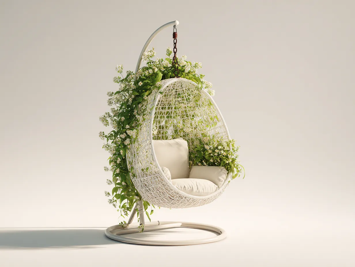 Sillones colgantes de ratán sintético 105x105x195 cm - blanco-beige - con soporte - diseño moderno-Naluxhanest