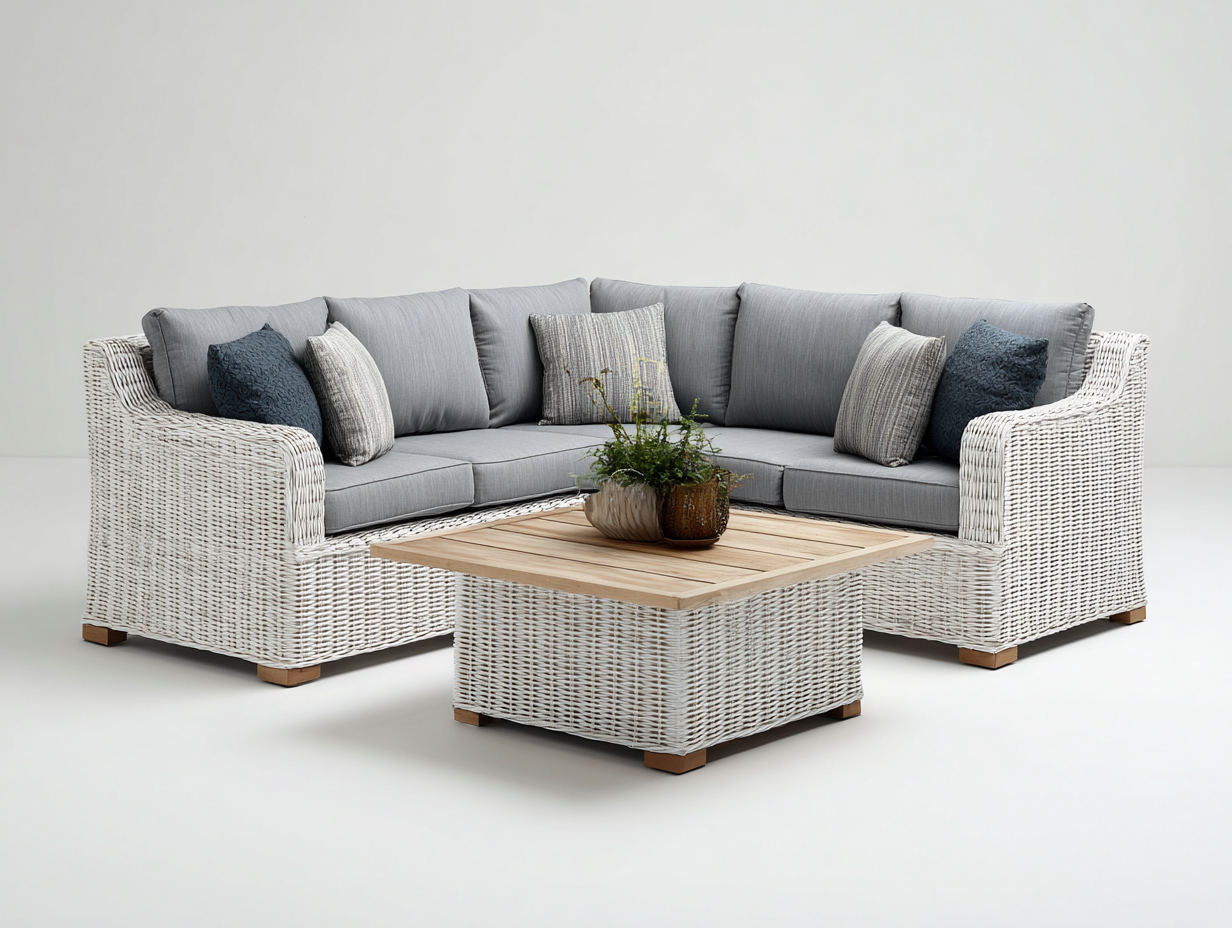 Sofás de exterior ratán y madera 220x220x75 cm - blanco y gris - conjunto esquinero diseño moderno-Movialynest