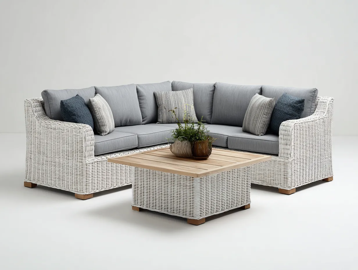 Sofás de exterior ratán y madera 220x220x75 cm - blanco y gris - conjunto esquinero diseño moderno-Movialynest