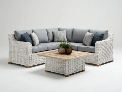 Sofás de exterior ratán y madera 220x220x75 cm - blanco y gris - conjunto esquinero diseño moderno-Movialynest