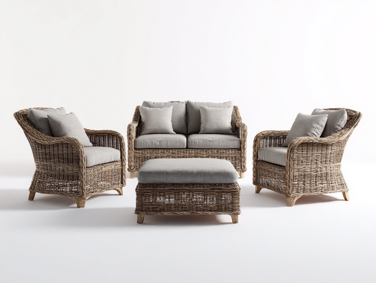 Sofás de exterior de ratán natural 180x80x85 cm - color marrón-gris - conjunto con sillones y mesa - diseño moderno para jardín-Movialynest