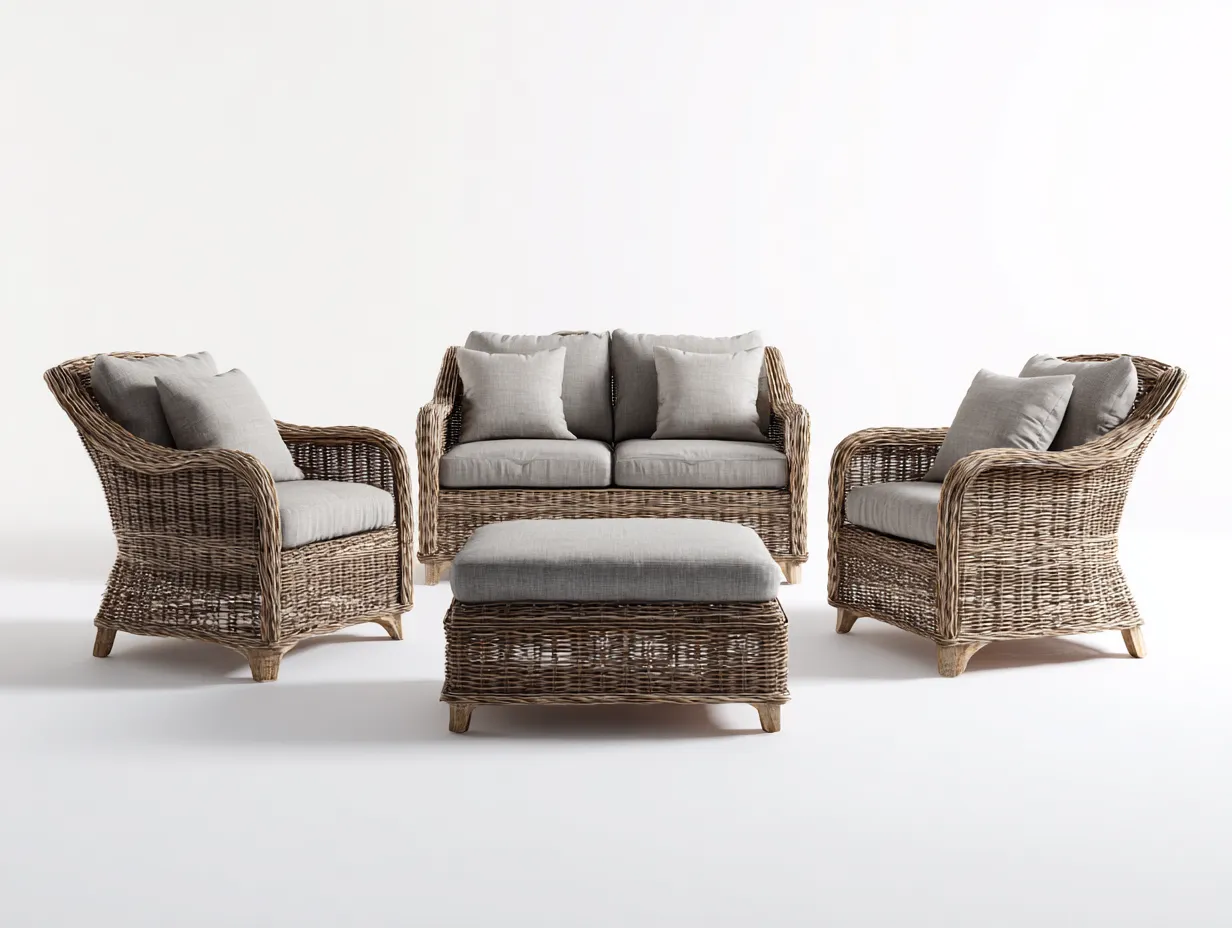 Sofás de exterior de ratán natural 180x80x85 cm - color marrón-gris - conjunto con sillones y mesa - diseño moderno para jardín-Movialynest