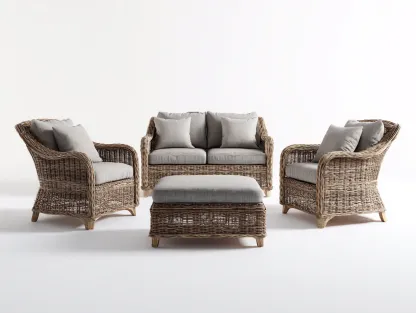 Sofás de exterior de ratán natural 180x80x85 cm - color marrón-gris - conjunto con sillones y mesa - diseño moderno para jardín-Movialynest
