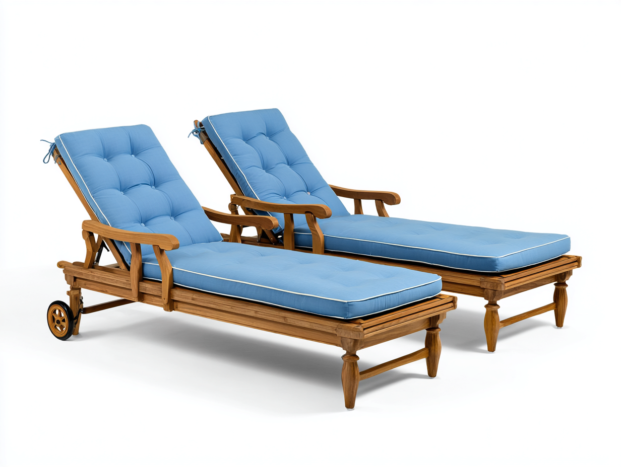 Tumbonas madera maciza 195x65x85 cm color marrón y azul diseño moderno reclinable conjunto de 2 unidades-Movialynest