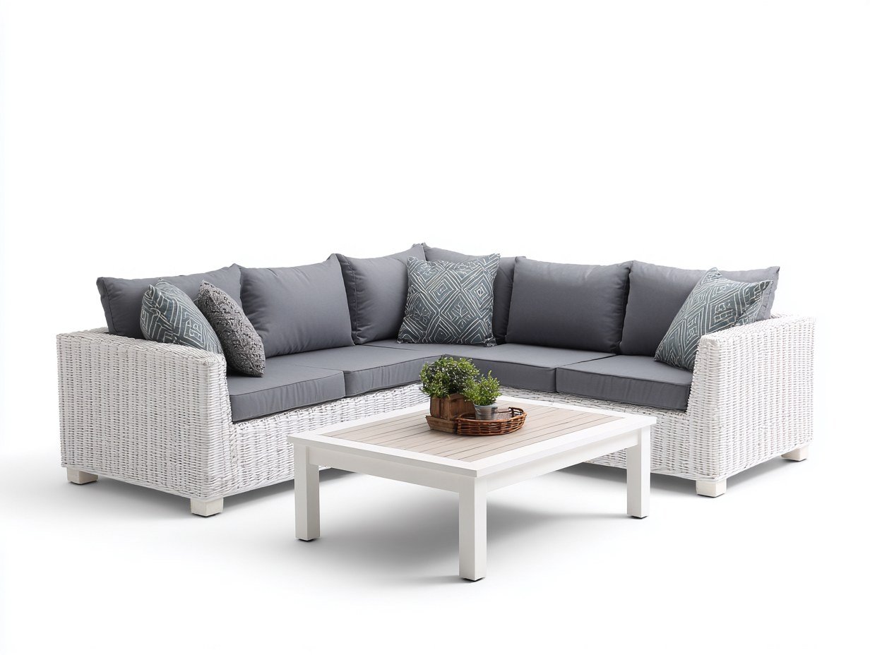 Sofás de exterior de ratán 220x220x75 cm - blanco-gris - con mesa - diseño moderno-Movialynest