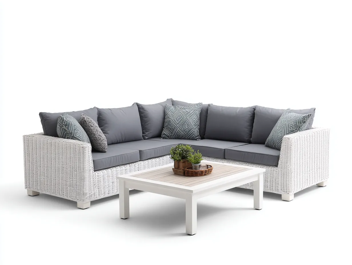 Sofás de exterior de ratán 220x220x75 cm - blanco-gris - con mesa - diseño moderno-Movialynest