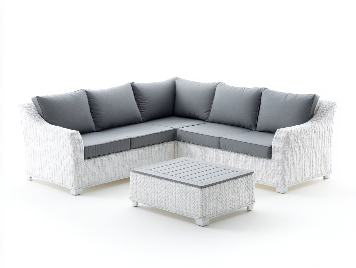 Sofás de exterior ratán sintético 200x200x70 cm color blanco y gris diseño moderno conjunto con mesa-Movialynest