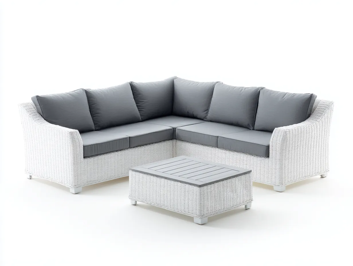 Sofás de exterior ratán sintético 200x200x70 cm color blanco y gris diseño moderno conjunto con mesa-Movialynest