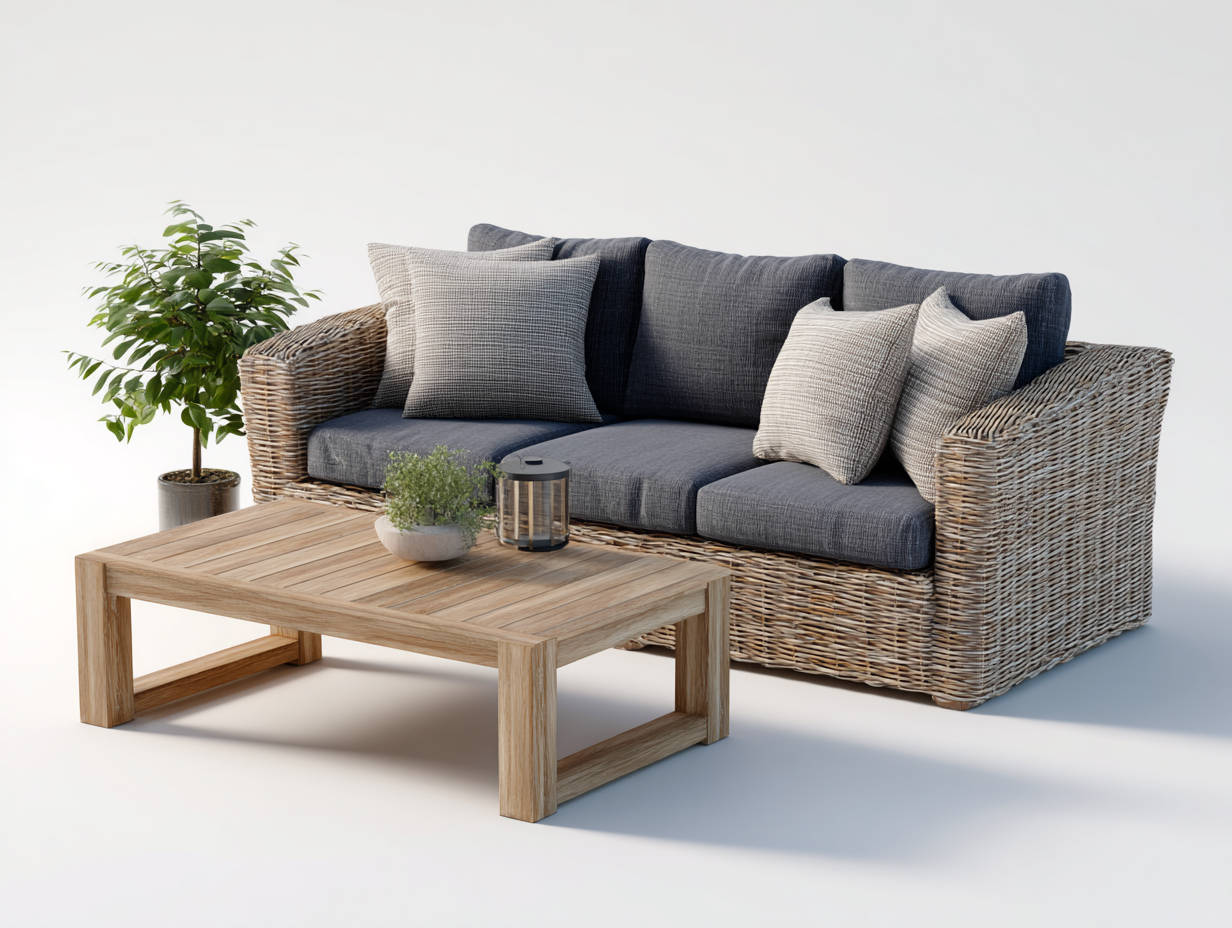 Sofás de exterior ratán y madera 180x80x75 cm - marrón y gris - 3 plazas diseño moderno-Movialynest