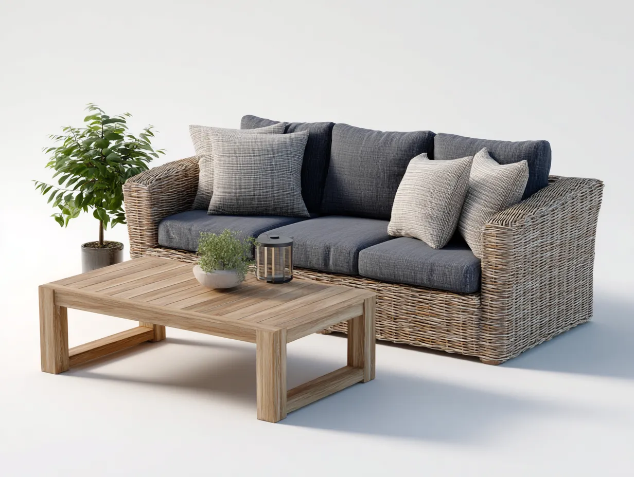Sofás de exterior ratán y madera 180x80x75 cm - marrón y gris - 3 plazas diseño moderno-Movialynest