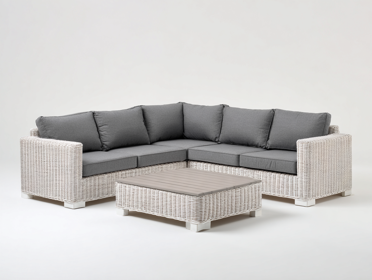 Sofás de exterior ratán conjunto esquinero 240x240x85 cm - color blanco y gris - diseño moderno con mesa de centro-Movialynest