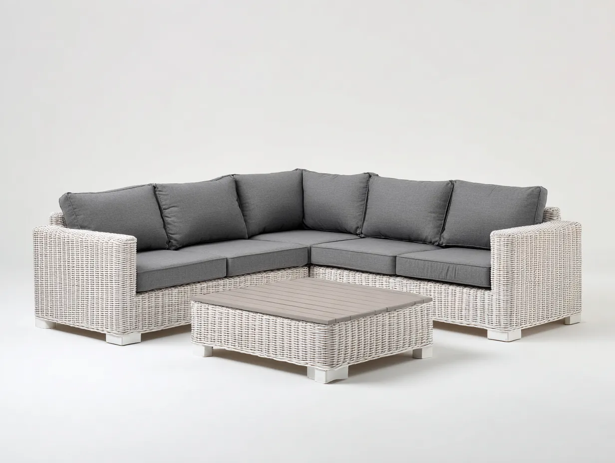 Sofás de exterior ratán conjunto esquinero 240x240x85 cm - color blanco y gris - diseño moderno con mesa de centro-Movialynest