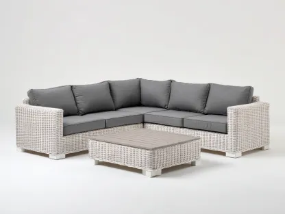 Sofás de exterior ratán conjunto esquinero 240x240x85 cm - color blanco y gris - diseño moderno con mesa de centro-Movialynest
