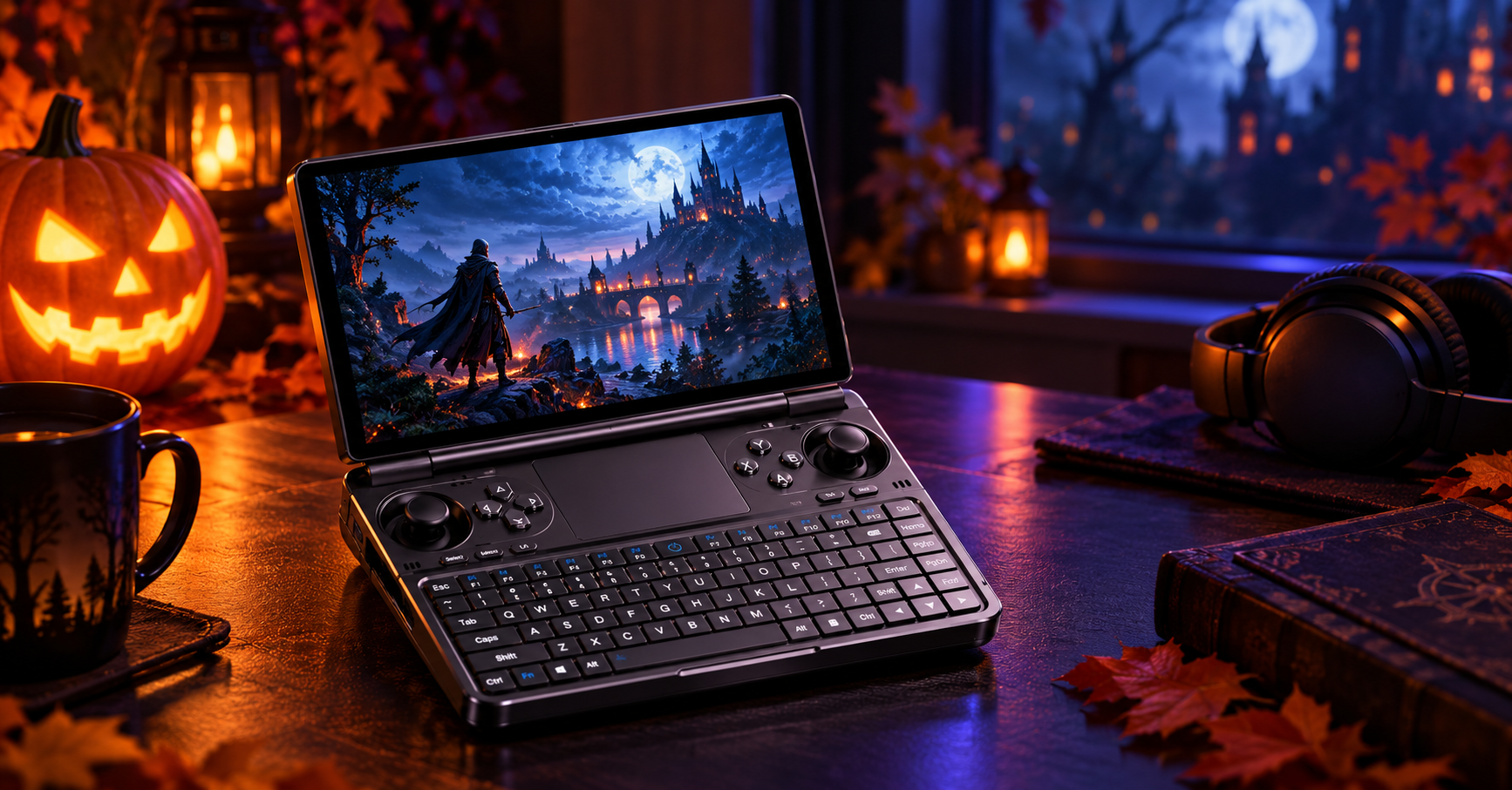 GPD WIN Mini gaming PC on a Halloween-themed desk with glowing pumpkins, warm lighting, and a spooky game scene on screen.