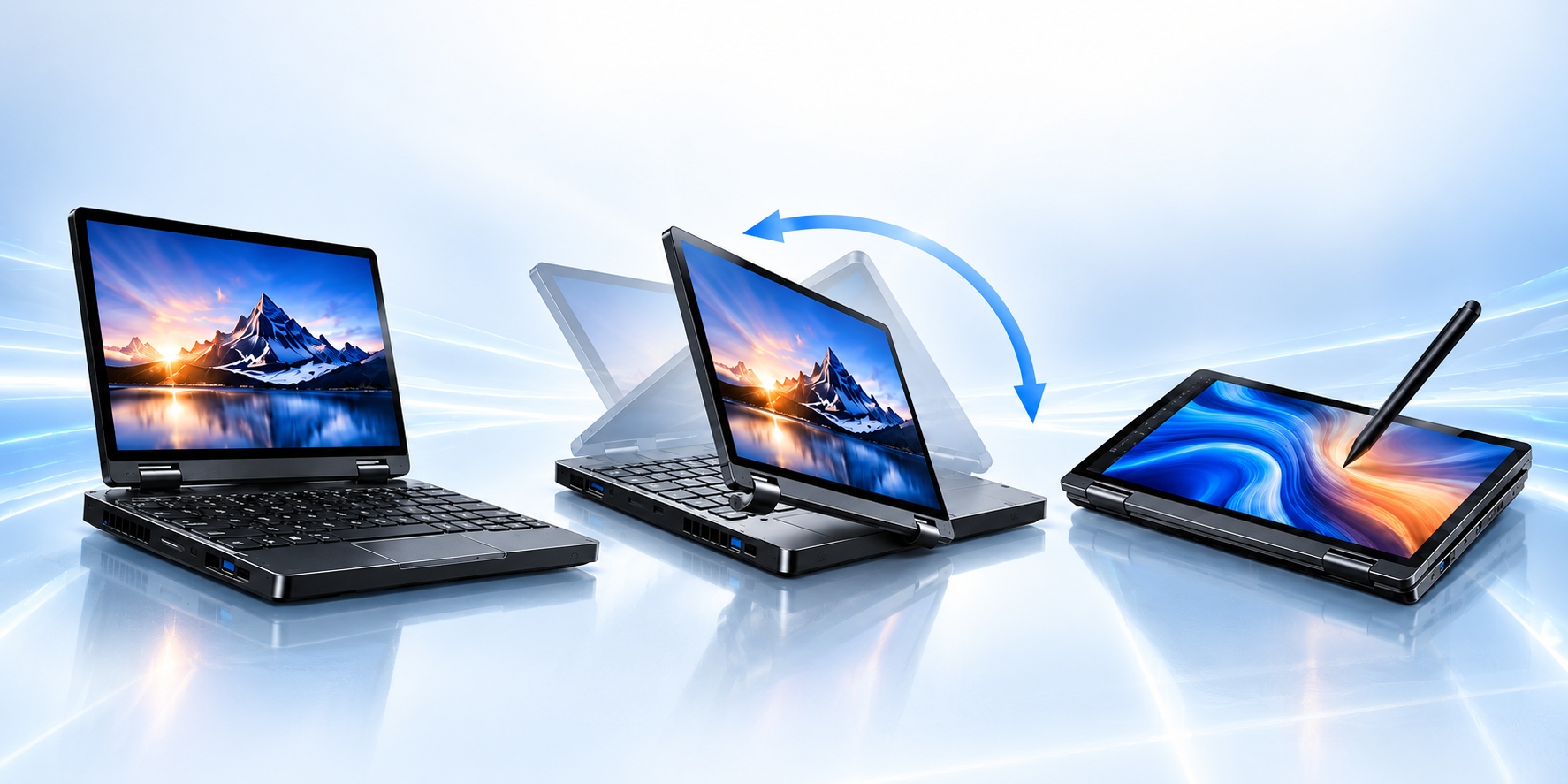 GPD Pocket 4 rotating display showing laptop mode, screen rotation and tablet mode