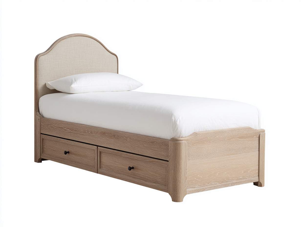 Einzelbett Holz mit gepolstertem Kopfteil und 2 Schubladen 205x108x118 cm - Natur-Cremeweiß - klassisches Design-Panorodwell
