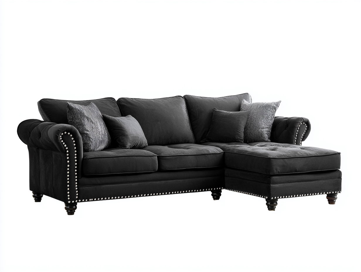 Ecksofa Samtstoff Holz 230x155x82 cm - Schwarz-Silber - Klassisches Design geeignet für Wohnzimmer-Panorodwell