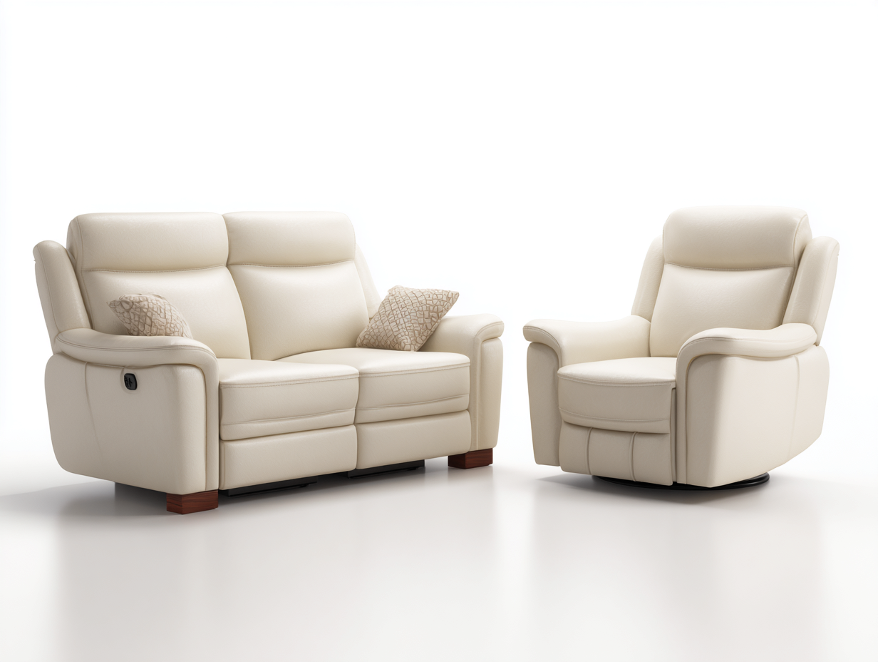 Relaxsofa Sets Kunstleder Holz 195x92x102 cm und 92x90x102 cm - Cremeweiß-Braun - Mit Relaxfunktion - Modernes Design-Ziriroom