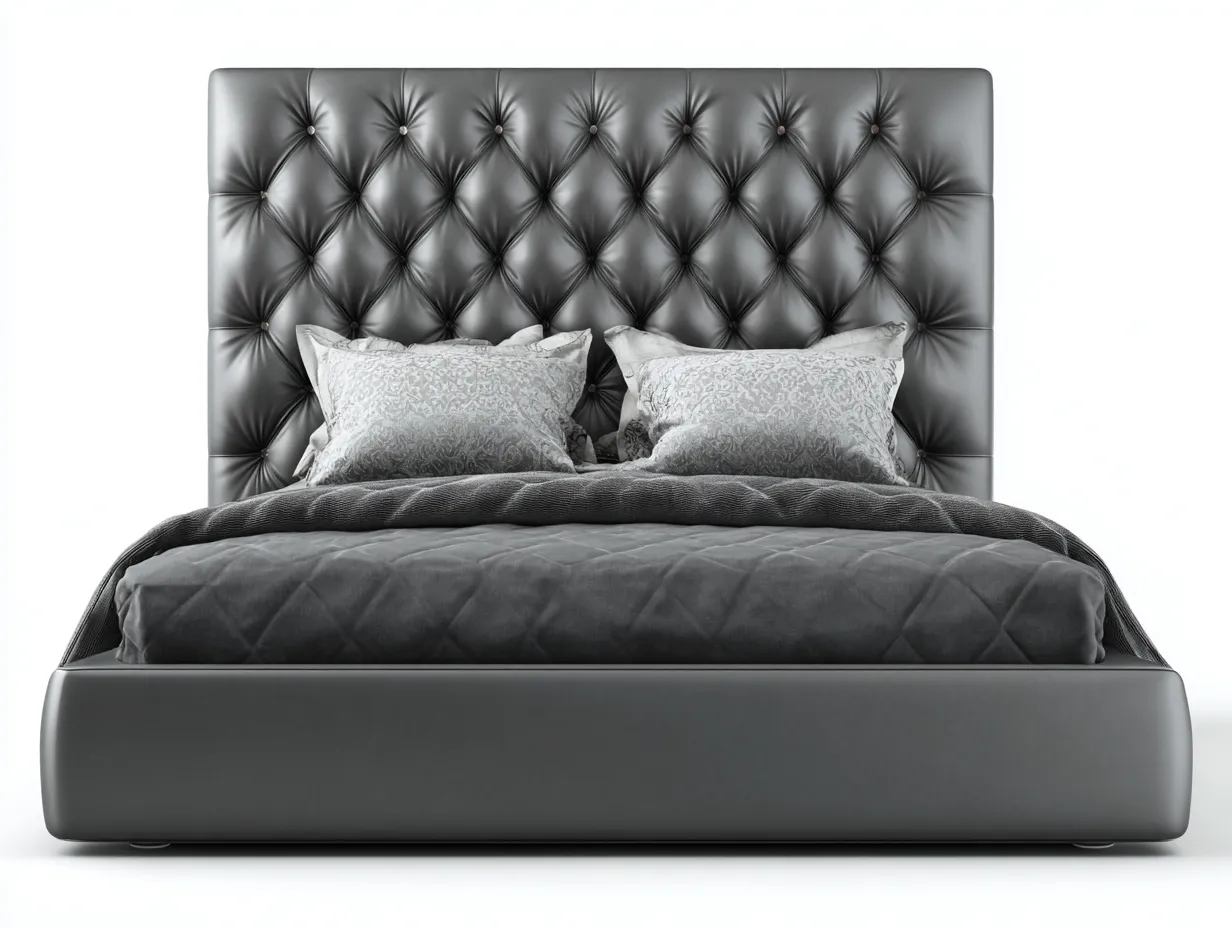 Camas dobles cuero sintético 200x160x120 cm color gris diseño moderno capitoné con cabecero alto-Codornahome
